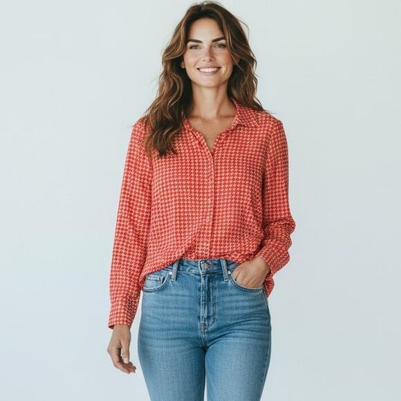 Tommy Hilfiger Tops - Tommy Hilfiger Blouse Womens Small Red Tan Houndstooth Button Front Long Sleeve